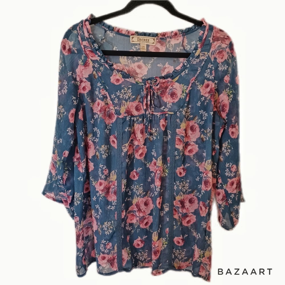 Decree Sheer Floral Peasant Blouse